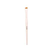 Makeup brush with a wooden handle and orange bristle tip on a white background