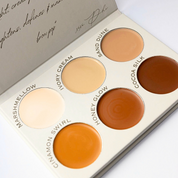 brow palette with six beige and brown shades on a light background